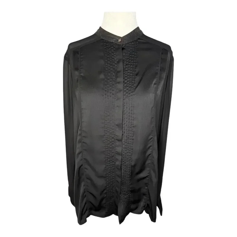Rock & Republic Black Satin Mandarin Collar Blouse
